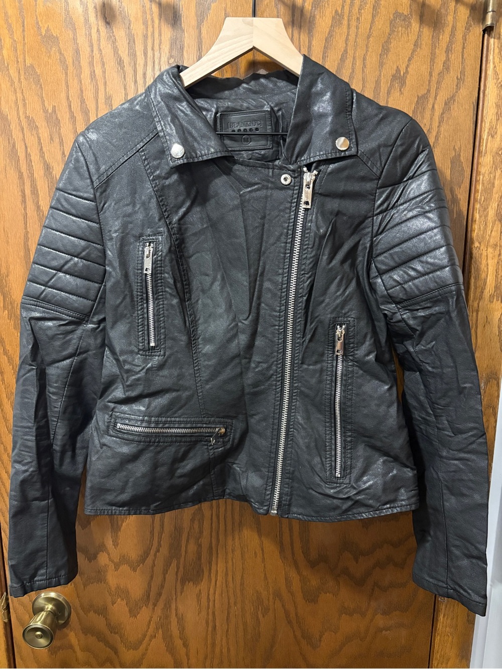 Blank NYC Faux Vegan Leather Quilted Sleeve Black Moto Biker Women's Jacket M